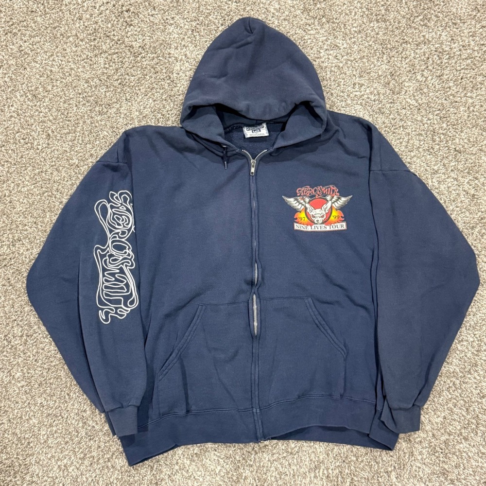 Vintage‎ 90s Aerosmith Nine Lives Tour 1997 Zip Up Hoodie Lee Navy Blue Mens 2XL